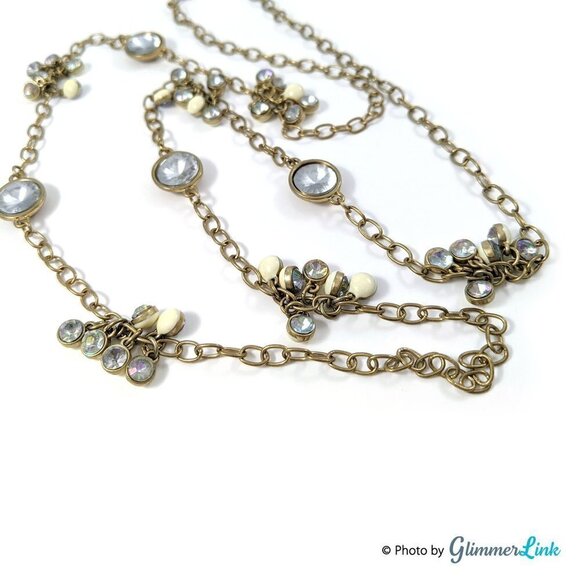 Loft Long Gold Tone Aurora Borealis Rhinestone White Enamel Cluster Necklace - Picture 1 of 9